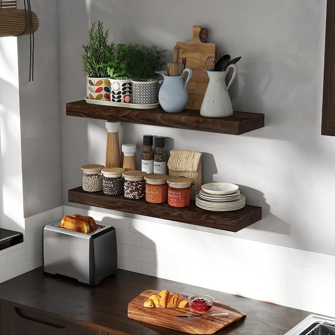 30 Inch Floating Shelves Set of 2, Rustic Solid Elm Wood Floating Shelf for Farmhouse, Living Room, Bedroom, Wall Mounted Bathroom Shelves Heavy-Duty Wall Shelf with Invisible Bracket, Walnut