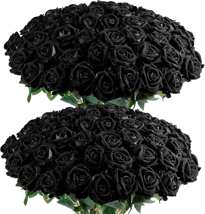 Auihiay 60PCS Black Fake Roses, Velvet Silk Artificial Roses, Realistic Roses Flowers for Photo Shoots, Wedding Centerpieces, Bridal Bouquets, Anniversary, Valentine's Day, New Year's Decorations