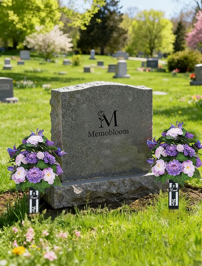 Silk Grave Flowers for Cemetery: 2 Pcs Purple Cemetery Flowers Grave Decorations Spring Easter Mothers Memorial Day - Outdoor Artificial Camellia Bouquets with Vases for Graveside