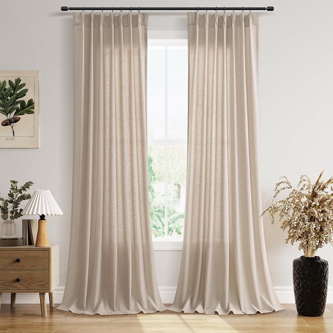 Light Khaki Pinch Pleated Linen Curtains 96 Inch Length 2 Panels for Living Room Bedroom Country Farmhouse Window Privacy Light Filtering Semi Sheer Back Tab Drapes with Hooks for Dining Room 40x96
