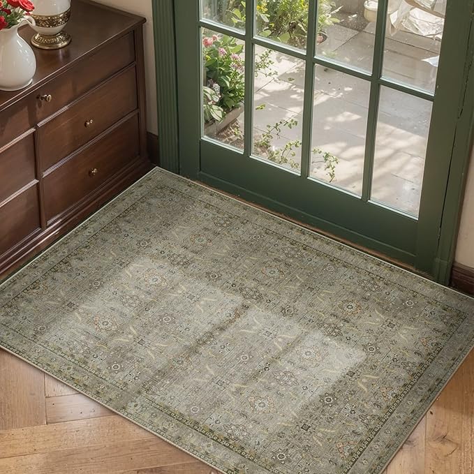 Rugxara Entryway Rug Door Mat, Washable Samll 2x3 Rug, Boho Front Door Mat, Non Slip Area Rugs, Low Pile Throw Accent Entry Carpet for Indoor Entrance, Bathroom and Kitchen(Olive/Brown 2x3ft)