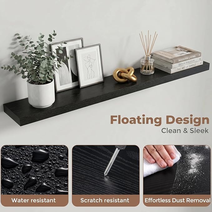 Venusmiles Floating Shelves for Wall, 48 Inch Floating Shelves Set of 1, 6.5" D Wooden Wall Mounted Display Shelves with Invisible Brackets for Living Room, Bedroom, Bathroom, Kitchen Decor, Black