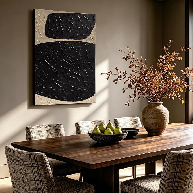 Large Modern Black Abstract Wall Art, Thick‑Texture Oil Painting Wall Decor | 28x40 In Minimalist Hand‑Painted Canvas Artwork for Living Room Bedroom Office, Original Neutral Vertical Wall Art Home Decor