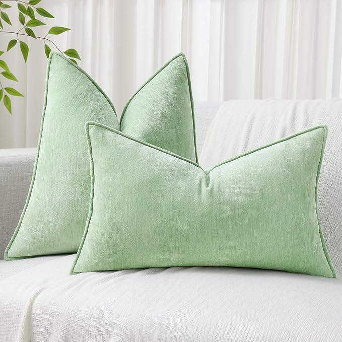 decorUhome Summer Couch Euro Sham Throw Pillow Covers 24x24 Set of 2, Decorative Soft Velvet Modern Cozy Chenille Pillow Cases with Elegant Design for Sofa Bed Living Room Home Decor, Sage Green