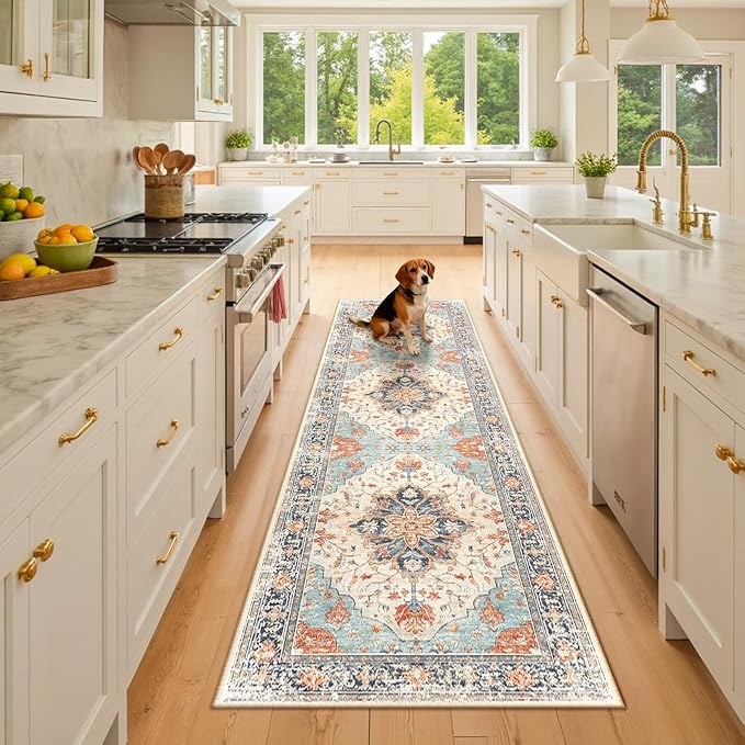 RELEANY Area Rugs 2'x8' Runner Rug Non Slip Washable for Kitchen Hallway Bedroom Beside Laundry Room Bathroom Rug, Floor Carpet, Beige Navy Blue Orange Colorful