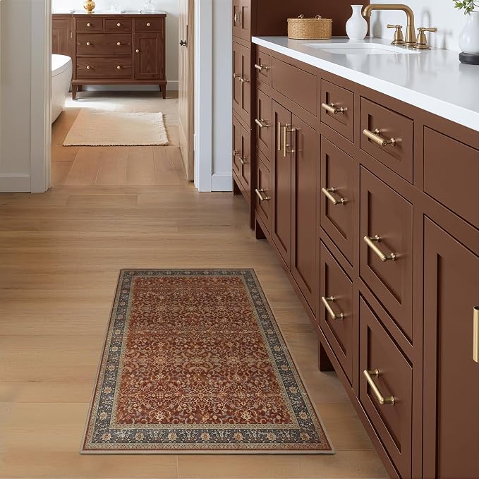 Washable Entryway Rug 2x3, Vintage Print Kitchen Bathroom Rugs Non Slip, Maximalist Small Rug for Bedroom Old Money Aesthetic, Low Pile Ultra Thin Door Mat Indoor Entrance, Deep Burnt Orange
