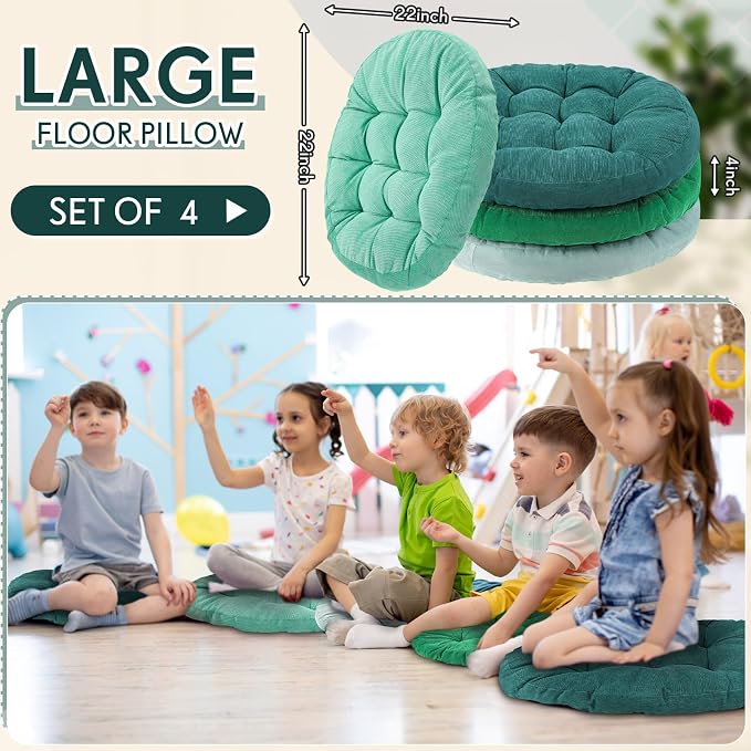 Jerify 4 Pcs Floor Pillow Cushions Large Round Square Large Meditation Floor Pillow for Classroom Adult Meditation Picnic Party Seating Learning Daycare School (Round,Gradual Green)
