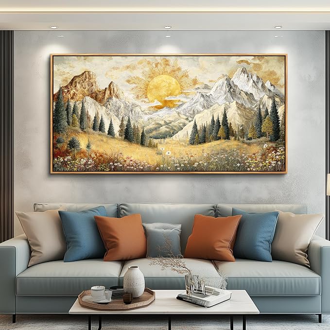 XIGUANGART Framed Canvas Wall Art Vintage Decor, Mountain Wall Art, Meadow with Flowers Forest Art, Modern Farmhouse Decor, Living Room Pictures paintings,Landscape Bedroom Office Decorations, 20"x40"