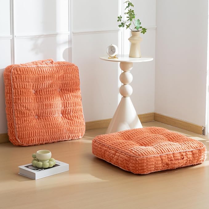 HIGOGOGO Floor Pillow Cushion for Adults, Meditation Cushion Pillow, Blended Corduroy Cover, Large Square Floor Sitting for Tatami Living Room or Yoga, 2Pack, Coral