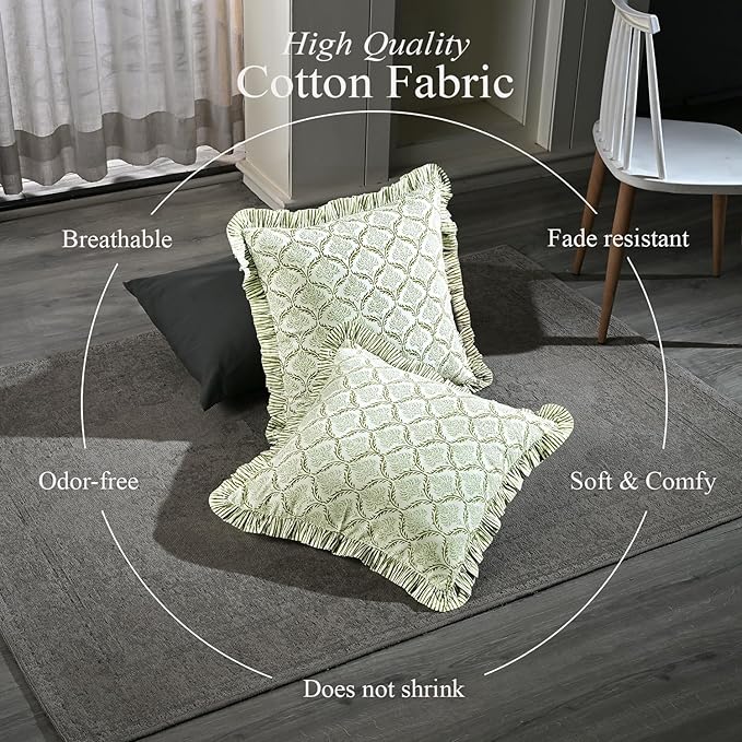 CPC Fern Regal Hand Block Print 100% Cotton Ruffle Throw Pillow Cover 24x24 inch with Hidden Zipper Decorative for Couch, Bed, Sofa, Farmhouse, Cottagecore Decor Gift Christmas Fall Thanksgiving