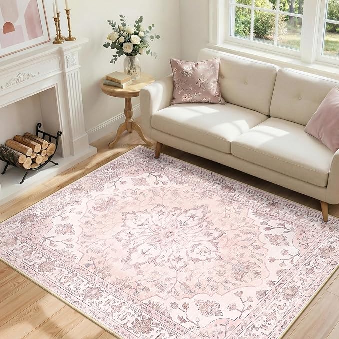 RELEANY Area Rugs 4'x5' Washable Non-Slip, Floral Vintage Distress Print Pattern Medallion Carpet for Living Room Bedroom Dining Room, Pink Greypink Cute