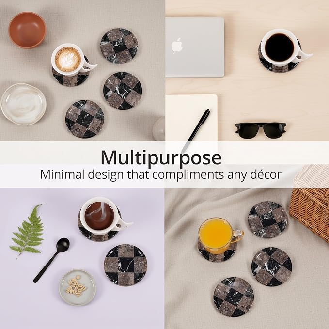 Marble Coasters Set of 4, Zebra Black & Oceanic Handmade 4 inch Round Stone Coaster, Drink Checkered Coaster Plates for Coffee Table, Stylish Bar Accessories & Modern Home Décor
