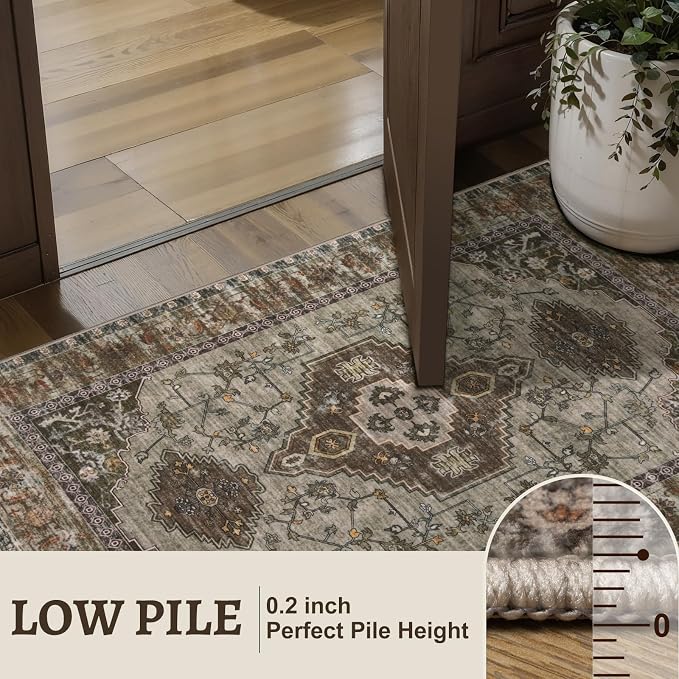 Tangsoo 2.6x8 Washable Runner Rug for Hallways, Non Slip Vintage Runner Rug, Soft Low Pile Long Rug Runner, Print Carpet Runners for Kitchen Bedroom Entryway Bathroom Living Room Grey