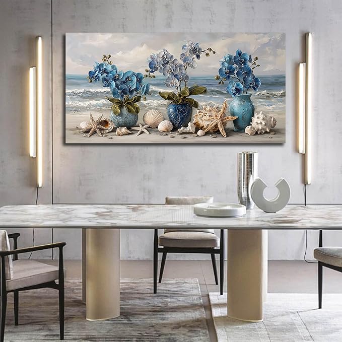 AOZEMI Vase Wall Art Large Seascape Wall Decor Beach Canvas Art Coastal Ocean Pictures Flower Poster Starfish Conch Shell Print Art for Bedroom Bathroom Living Room Office 29"x 59"