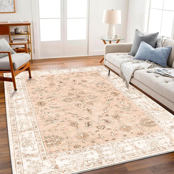 CHAMPLANT 5x7 Washable Foldable Thin Area Rug Tangerine Vintage Rug Traditional Floor Cover Retro Indoor Distressed Non Slip Carpet Floral Print Bedroom Living Room Bathroom Mat