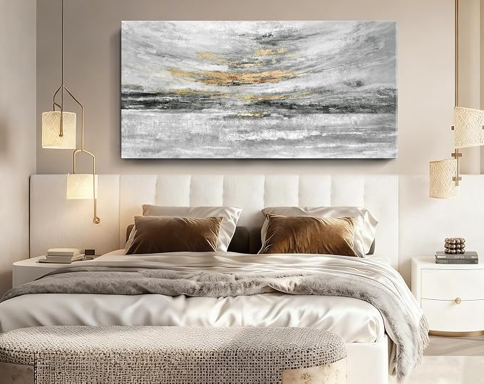 Nicetop 58x29" Large Black and White Abstract Coastal Wall Art with Metallic Gold Accents, Modern Minimalist Canvas Print of Ocean Waves and Clouds, Ready to Hang Wall Decor for Living Room, Bedroom Above Bed, Office