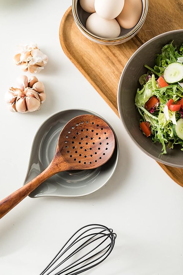 LAUCHUH Spoon Rest for Stove Top, 5 inch Ceramic Spoon Holder for Kitchen Counter Large Cooking Spoon Holder for Spatula, Ladle or Tongs, Heat-Resistant, Framhouse Decor for Mother's Day, Gray
