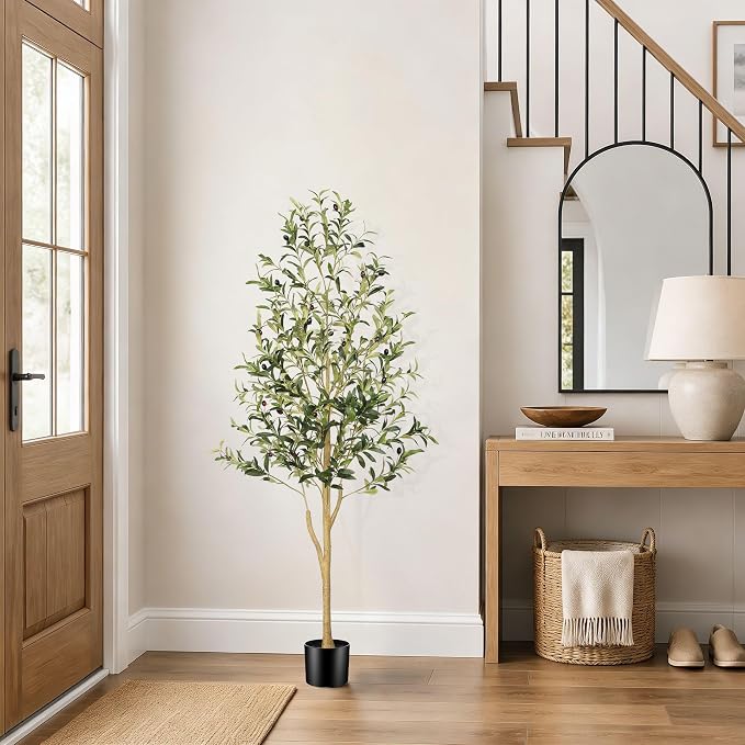 FEELEAD 5ft Faux Olive Tree, Artificial Olive Tree Indoor for Home Decor | Realistic Olive Tree with Lifelike Leaves and Natural-Looking Trunk, Fake Olive Trees Artificial Indoor for Home Office Decor