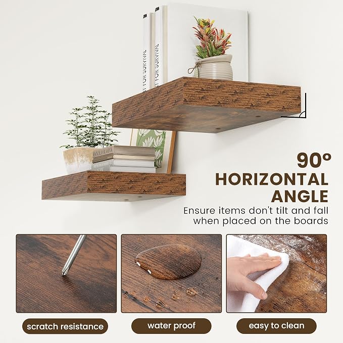 FLYJOE 12 Inch Deep Floating Shelves, 16'' Brown Floating Shelves Set of 2 | 12'' Deep Shelves for Wall, 16'' x 12'' Rustic Brown Wood Shelves for Living Room Bathroom Kitchen Bedroom