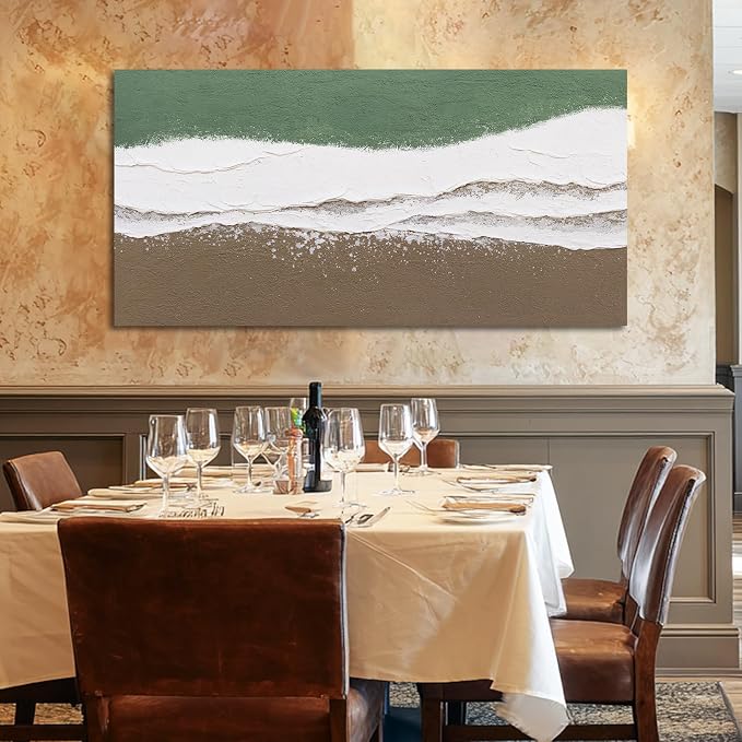 ZUNARE Abstract Green and White Wall Art Modern Canvas Painting with Soft Flowing Texture, Neutral Brown Tones Calming Artwork for Living Room Bedroom Kitchen Office Wall Decor 24"x48"