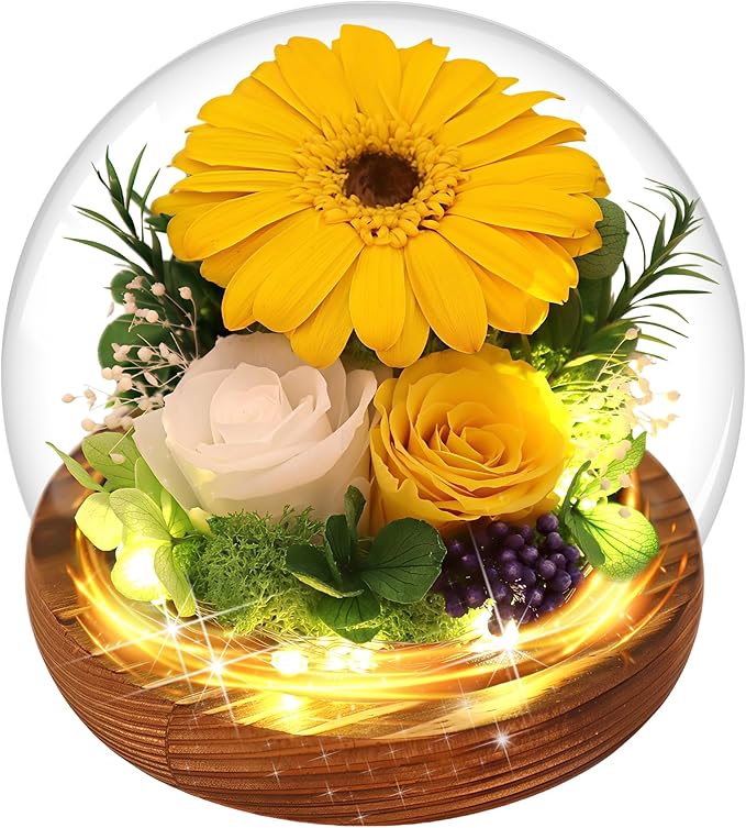 MOKOQI Sunflower Gifts for Women Mom Valentines Day Gifts for Her Preserved Real Flowers in Glass Dome with LED Strip, Forever Flowers Gifts for Wife Girlfriend Mom on Mother Day Birthday Christmas