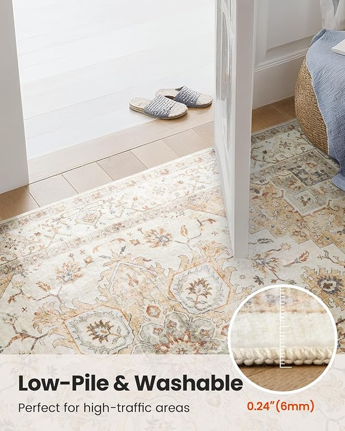 AMADA HOMEFURNISHING Round 8ft Area Rugs, Low-Profile Washable Rug with Non-Slip Backing & Durable Edge Binding, Vintage Rugs for Living Room, Bedroom, Dinning Room