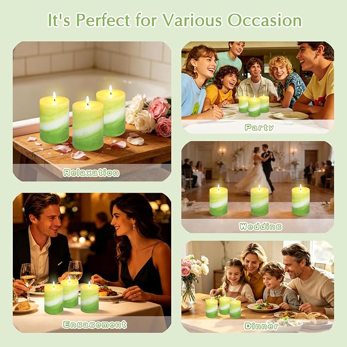 Eucalyptus Mint Scented Pillar Candles, 3x4 Inch, 100% Cotton Core Handmade Striped Paraffin Wax with Candles for Bathroom Living Room Home Decor, Set of 3, 50H+ Burn Time