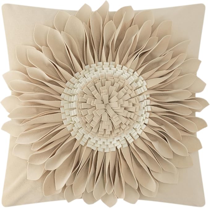 OiseauVoler 3D Sunflower Throw Pillow Cover Decorative Handmade Pillowcase Cushion Cover Case for Home Sofa Bed Living Room Decor 18x18 Inch Tan