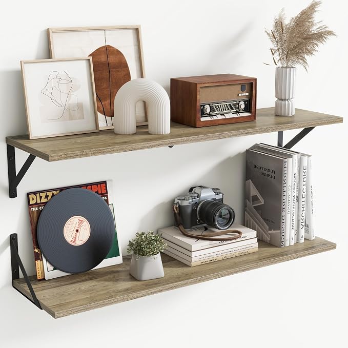 Acovy Deep Floating Shelves for Wall,36Wx8D Wall Mounted Shelves Set of 2,Wall Storage Floating Shelf with Sturdy Metal Brackets for Living Room,Bathroom,Kitchen,Office,Grey