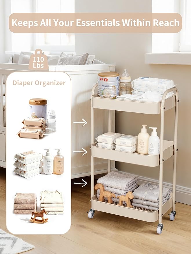 Fortella Baby Diaper Caddy, 3 Tier Rolling Storage Cart for Baby Essentials, Diaper Cart with Detachable Dividers, Storage & Baby Bottle Organizer, Nursery Dresser for Bedroom, Living Room (Taupe)