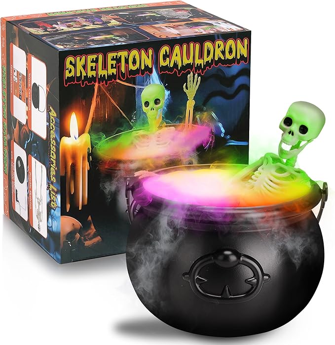 Halloween Decorations Indoor - Witch Cauldron with LED Fog Maker & Poseable Skeleton - Spooky Hocus Pocus Party Decor for Home, Table, Mantel, Kitchen - Vintage Magic Brew Cauldron Set