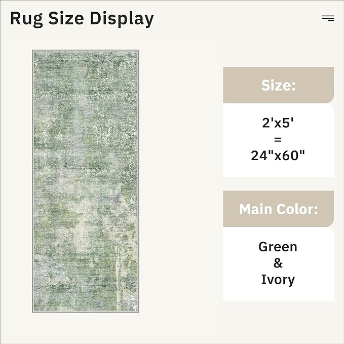 Soalmost Runner Rug 2x5 Washable Non-Slip Kitchen Runner Rugs for Bathroom Laundry Room Green/Ivory Vintage Floor Carpet Runners for Hallway Entryway