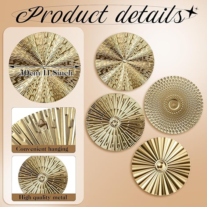 Hicarer 4 Pcs 12 Inch Metal Wall Art Decor Sunburst Hanging Metal Artwork Decor Wall Art Decorations for Home Living Room Office Gift for Christmas(Gold)