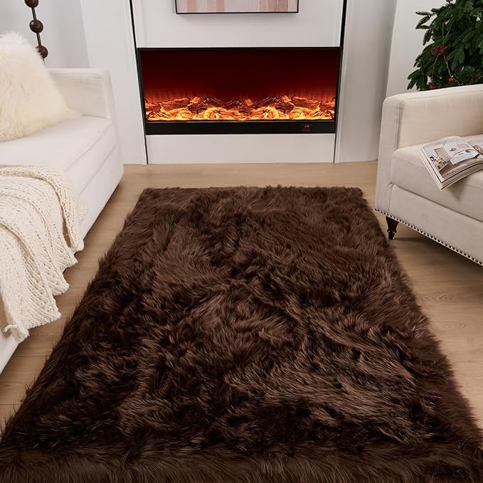 Faux Fur Rug Coffee Sheepskin Area Rug,Ultra Soft 4x6 ft Rectangular Shaggy Plush Rug for Bedroom Sofa Floor Bedside Living Room Kids Room