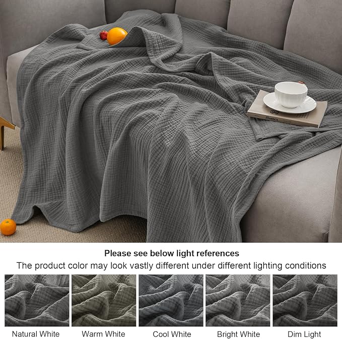 PHF 100% Cotton Muslin Blanket Twin XL Size 66"x90", 4-Layer Lightweight Gauze Throw, Breathable Cloud-Soft Minimalist Blanket for Bed, Couch, Camping & Baby, Greyish Black, Ideal Gift
