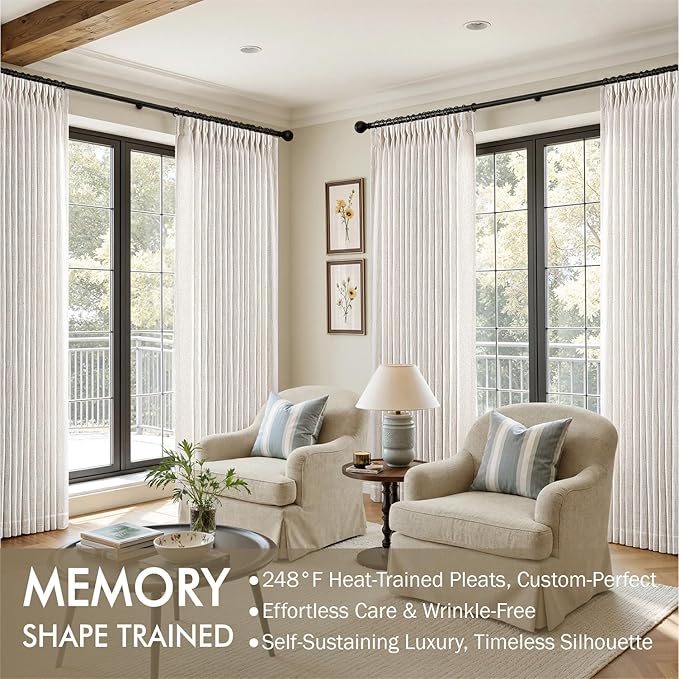MIULEE 102 Inches Long Pinch Pleated Thick Linen Curtains 2 Panels for Living Room Bedroom, Natural Memory Trained Drapes Pleat Back Tab Light Filtering Privacy Sliding Door Window Curtains with Hooks