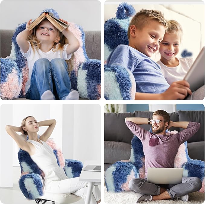 Reading Pillow for Bed Adult - Faux Fur Backrest Pillow with Arms, Ergonomic Back Pillows for Sitting in Bed, Extra Fluffy TV Pillows, College Dorm Pillows, Functional Bed Cushion, Bedrest
