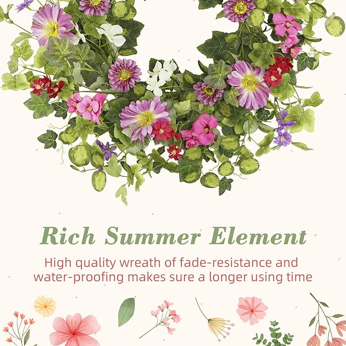 YNYLCHMX 18" Spring Summer Wreaths for Front Door, Artificial Floral Wreath with Pink Daisy & Green Eucalyptus Leaves, Green Foliage Wreath for Wall Window Farmhouse Party Holiday Home Decor