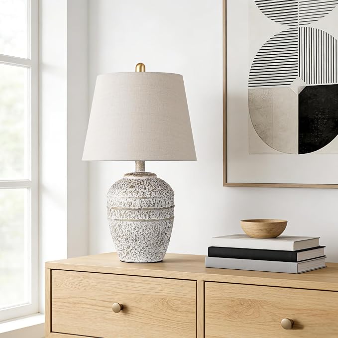PARTPHONER Rustic Farmhouse Ceramic Table Lamp for Living Room Bedroom, Modern Bedside Lamp with Linen Shade, Natural Distressed Earth Tone Finish Table Lamp for Night Stands, Dining, Office, Grey
