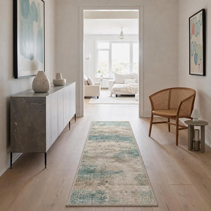 BEIMO 2X10 Runner Rug for Hallway Kitchen, Machine Washable Runners Rug for Entryway, Soft Modern Abstract Throw Rugs, Low Pile Floor Cover with Non Slip Backing, Dusty Teal Grey