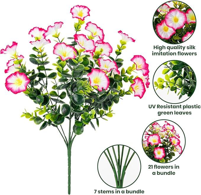 Nigirior Artificial Faux Flowers for Outdoor 16 Bundles Boxwood Fake Morning Glory for Planter,UV Resistant Fake Flowers for Home Porch Patio Outside（Pink）