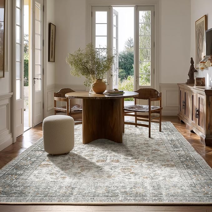 Machine Washable Rugs for Living Room: 5x7 Area Rugs for Bedroom Vintage Stain Resistant Non Slip Low Pile Soft Boho Carpet for Kitchen Dining Room Farmhouse Kids Room Nursery