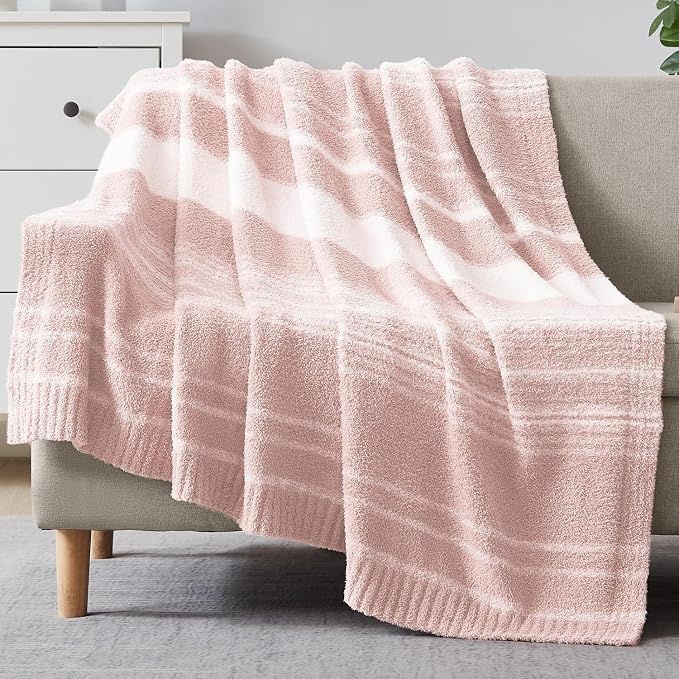 WRENSONGE Soft Throw Blanket for Couch-Cozy Reversible Knitted Blankets | Lightweight Warm Fluffy Decor for Women, Mom, Her & Girls, Sofa, Chair, Bed, 50x70in, Pink Stripe