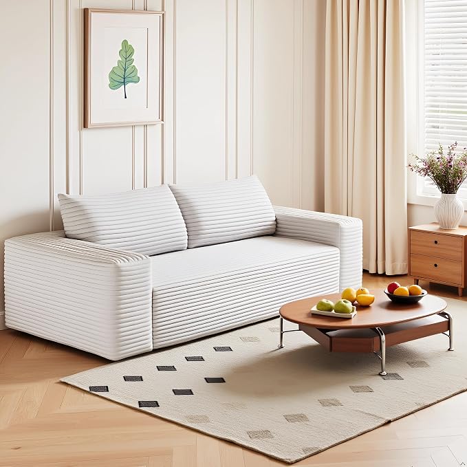 JINGLING 71" Small Couches for Small Spaces, Memory Foam Loveseat Corduroy Couch in a Box, Compressed Boneless Sofa for Living Room Bedroom, Apartment Furniture, No Assembly Required, White