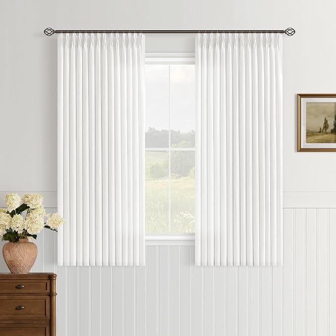 Ivory White Semi Sheer Pinch Pleated Linen Curtains 63 Inch Long | Off White, 63 Inch Length, Small, Light Filtering, Privacy, Bay Window, Office, Burlap Textured, Hook Rings, Memory Shape