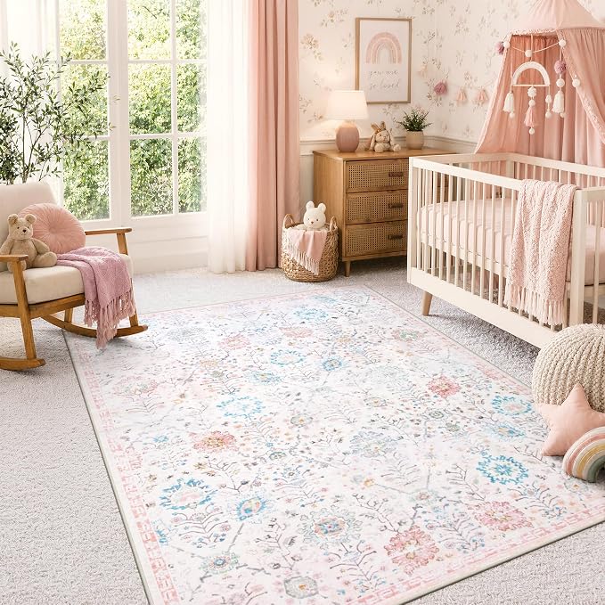 Lahome Flavie Nursery Rug 5x7, Soft Washable Floral Dorm Rug, Non Slip Low Pile Carpet for Bedroom, Kids Room, Nursery, Dorm Room and Classroom Decor, Beige