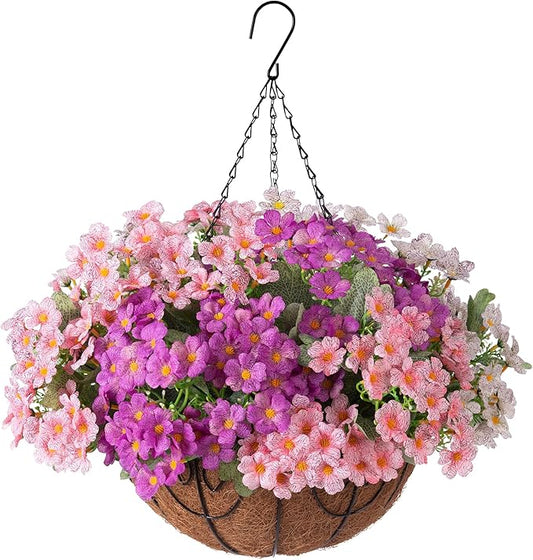 Artificial Fake Hanging Plants Flowers Basket for Spring Outdoor Decoration, Faux Silk Daisy UV Resistant Look Real with Eucalyptus Leaves Summer Decor for Patio Garden Outside(Pink White Purple )