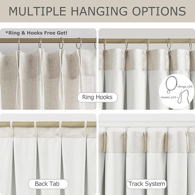 Vision Home Natural Pinch Pleated Light Filtering Curtains 60" Wx108 Lx2 | Microfiber Liner, Linen Blended, Privacy Drapes, Back Tabs with Ring Hooks, 2 Panels, for Living Room Bedroom Sliding Door
