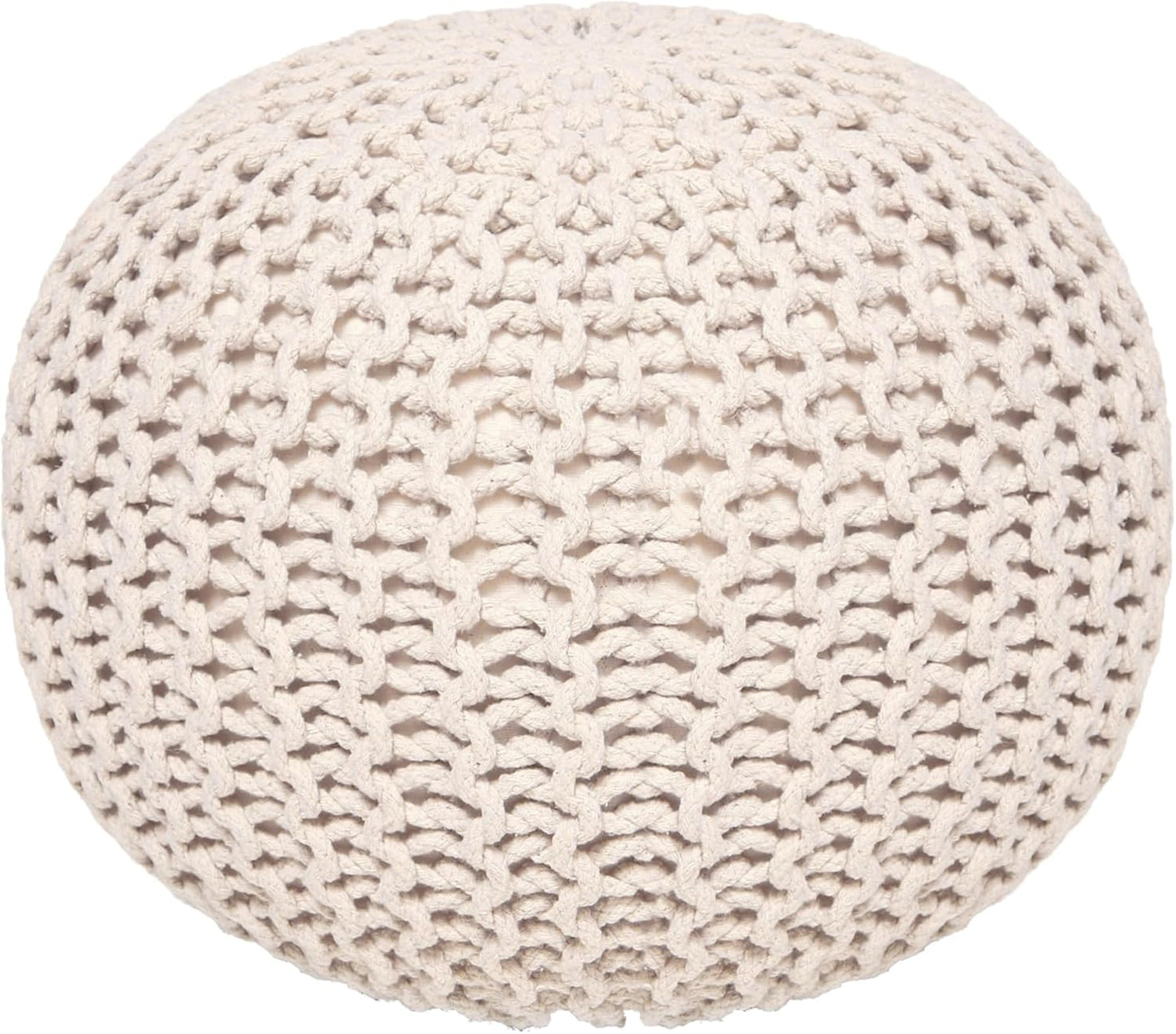 REDEARTH Round Pouf Ottoman –18"x18"x14" Hand-Knitted Cotton Pouffe –Cable Footstool –Boho Dori Hassock –Pre-Stuffed Poof – Extra Seat -Poofy Footrest for Living Room, Bedroom, Nursery, Nook –Ivory