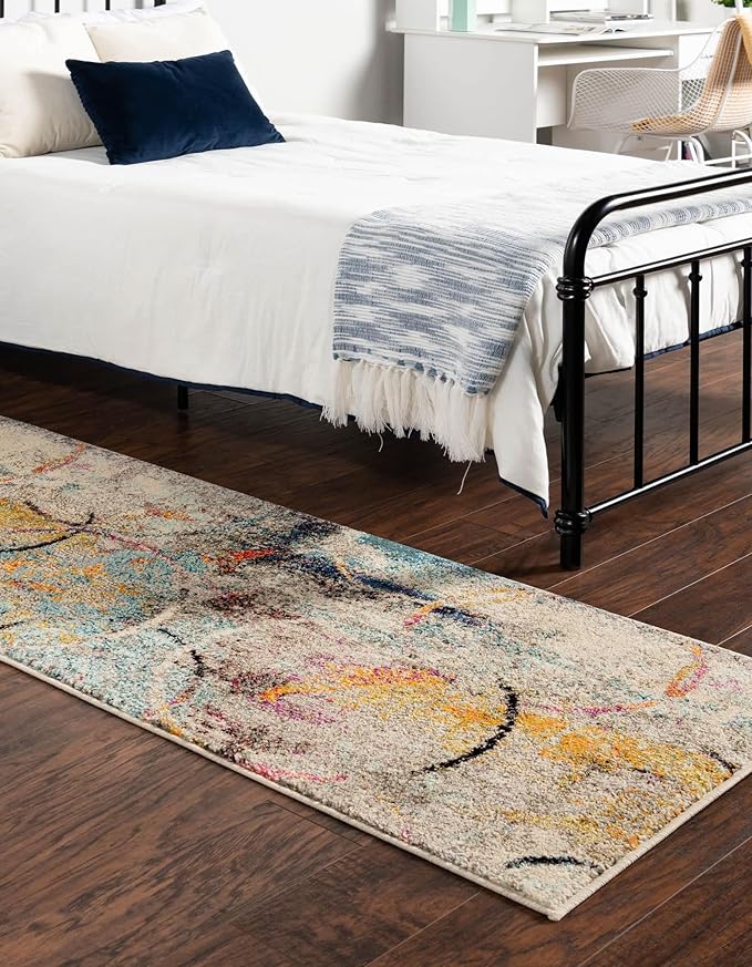 Unique Loom Chromatic Collection Modern Rustic & Vibrant Abstract Area Rug For Any Home Décor (2' 7 x 10' 0 Runner, Beige/ Blue)